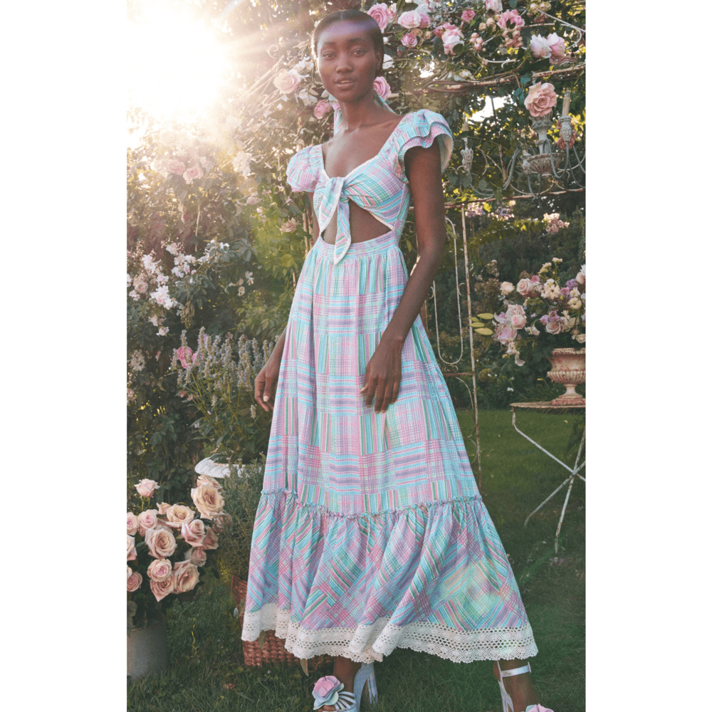 LoveShackFancy Emeka Plaid Cutout Maxi Dress Gingham Pastel Small Preowned